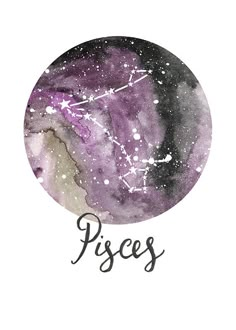 the zodiac sign piscs with stars on it's face in purple and white