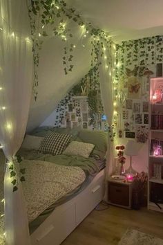 a bed room with a neatly made bed and lots of lights