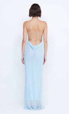 The BEC + BRIDGE Elzette Split Maxi Dress is cut on the bias from a sheer, lustrous fabric. The dress features a cowl neckline, mid thigh leg split and thin cord shoulder straps that tie at a statement open cowl back. Silhouette Dress, Leg Split, Split Maxi Dress, Prom Dress Shopping, Strapless Maxi, Cowl Neckline, Brides And Bridesmaids, Maxi Dress Blue, Guest Dresses