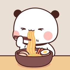 a cartoon bear eating ramen out of a bowl