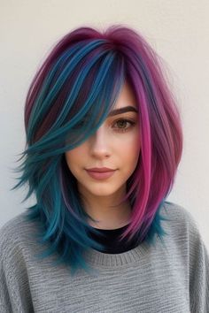 Winter Wonderland Hair Color, Peekaboo Hair Color For Redheads, Fun Short Hair Color Ideas, Blue And Red Hair Color, Fun Winter Hair Color Ideas, Hair Colour Combinations, Vivids Haircolor, Vivid Red Hair Color, Blue And Violet Hair