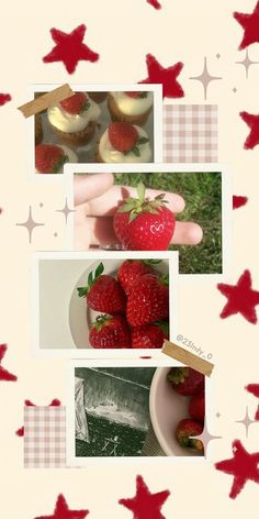 a collage of photos with strawberries and cupcakes