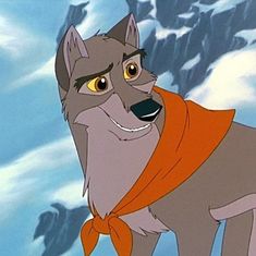 an animated wolf with a scarf around its neck looking at the camera while standing in front of snow covered mountains