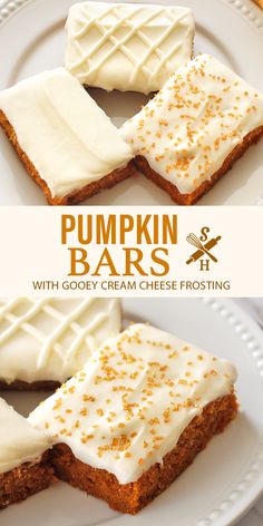 pumpkin bars with gooey cream cheese frosting are on a white plate and have been cut in half