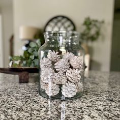 a glass jar filled with pine cones on top of a counter