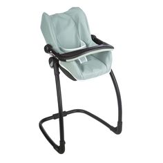 a baby high chair that is sitting on top of a metal stand with black legs