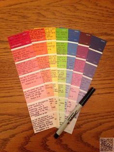 several colors of paper with writing on them sitting next to a pen and eraser