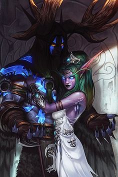 a woman with green hair and blue eyes is holding an arm in front of a demon