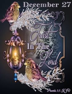 two birds sitting on top of a tree next to a christmas ornament with the words trust in the lord