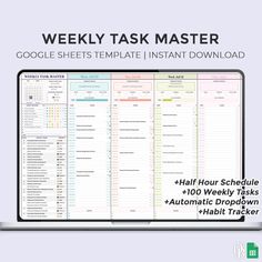 the weekly task sheet for google sheets is shown in front of a computer screen with text