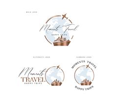 two logos for travel company, with the words happy times and an image of a cruise ship