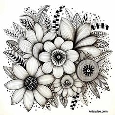 a black and white drawing of flowers with leaves on the bottom, surrounded by dots