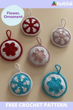 four crocheted ornaments are shown with the text, flower ornament free crochet pattern