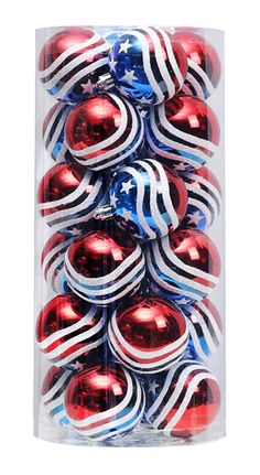 red, white and blue ornaments in a clear package