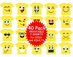 yellow t - shirts with different emoticions on them and the text 40 pack printable tshirts for kids and adults