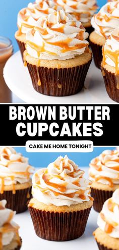 brown butter cupcakes with white frosting and caramel drizzle on top