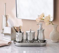 Mercer Polished Nickel Bathroom Accessories | Pottery Barn Counter Top Storage, Polished Nickel Bathroom, Nickel Bathroom, Bathroom Countertop, Newlywed Gifts, The Master