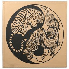 a black and white drawing of two tigers in a circular design on a beige background