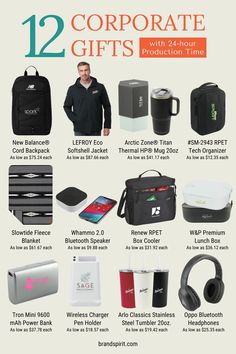 Brand and customize these quality items to give as corporate gifts. This list includes computer backpacks, promotional drinkware, lightweight jackets, and more.

But what’s really great about this collection is they offer 24-hour production time so it’s perfect when you’re in a rush. You can check out more branded items with fast turnaround time from this regularly updated catalog. Additional fees may apply for rush orders. Luxury Corporate Gifts, Corporate Promotional Gifts