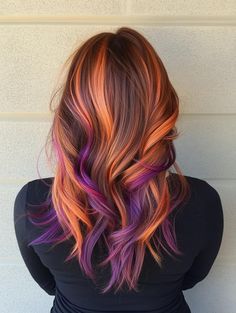 Stunning Fall Hair Color Ideas for 2024: Embrace Autumn with Rich, Warm Hues Fall Sunset Hair Color, Fall Fantasy Hair Color, Warm Color Hair, Pinwheel Hair Color Ideas, Color Highlights In Brown Hair, Orange And Purple Hair, Fashion Hair Color Ideas, Fall Vivid Hair Color, Halloween Hair Color Ideas