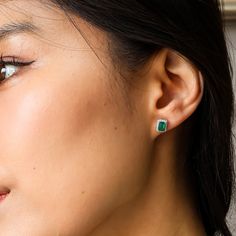 A pair of truly stunning Emerald stud earrings made with 2 real lab created Emerald stones. A perfect Birthday gift or anniversary gift or simply a treat to yourself. The earrings are crafted in 14k white gold vermeil  (Sterling silver base and thick 14K white gold on top), ensuring it to keep its lustre for longer.  Why not complete your look by adding a matching necklace? Available in this listing - select at the dropdown menu.   MATERIAL  ☽ Main Material: 925 Sterling silver ☽ Finish: 14K Whi Diamond Earrings For May Birthstone Gift, Green Diamond Earrings As Gift, Green Diamond Earrings For Gifts, Classic Hypoallergenic Diamond Earrings For Gift, Classic Gemstone Earrings For May Birthstone, Classic Green Earrings For Anniversary, Emerald Cut Earrings With Prong Setting As Gift, Emerald Cut Earrings With Prong Setting, Hypoallergenic Fine Jewelry Earrings For Anniversary