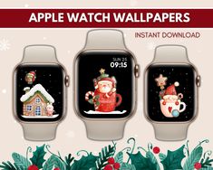 three apple watch wallpapers with santa clause and christmas decorations