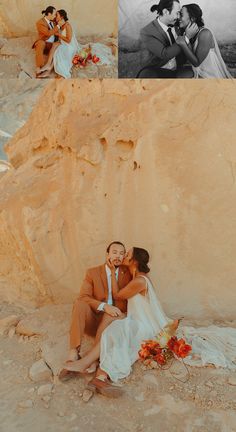 a couple is sitting on the beach and kissing