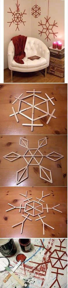 the process of making snowflakes out of popsicle sticks is shown in three different stages