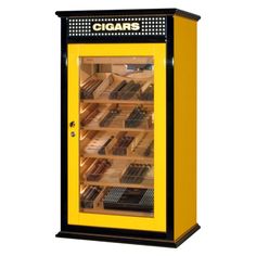 a yellow and black display case with cigars in it's front doors open