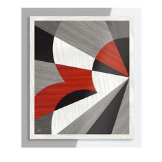 an abstract painting with red, grey and black shapes on white paper in front of a gray background