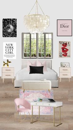 a bedroom with pink and white furniture, chandelier, bed, nightstands and pictures on the wall