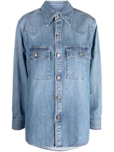 blue cotton stonewashed denim classic collar long sleeves chest flap pockets front button fastening straight hem Denim Shirt, Flap Pocket, Top Shirt, Top Brands, Long Sleeves, Womens Tops, Top Outfits, Luxury Fashion, Collar