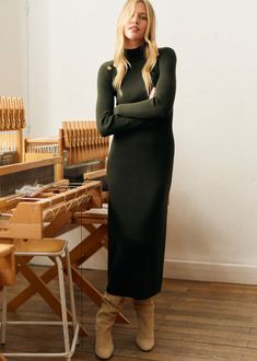 Fitted merino wool and organic cotton midi dress with long sleeves;Rib knit;High neckline;Military-style buttons;Length when worn: 125 cm / 49.2 in (on a size S)