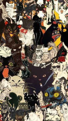 an image of many cats that are all over the place with different colors and shapes