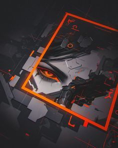 an abstract image of a woman's face with orange and black squares around her