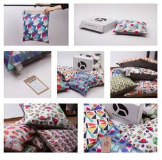 several different pictures of pillows and boxes on a table