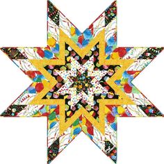 the star quilt pattern is shown in yellow, blue and red colors with black accents