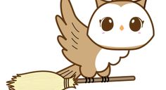 an owl sitting on top of a broom with its wings spread and eyes wide open