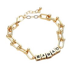 What Better Way To Declare Our Love For Our Mom Everyday. This Mama Heart Bracelet Speaks It All. Mix, Match And Stack With Your Favorite Bracelets For A Refresh Look. Bracelet In Gold Tone Chain Link With 4 Cube Etched “Mama & Heart” On It 0.25” W 7.5” With 2” Extender With Lobster Clasp Closure Trendy Metal Jewelry For Mother's Day, Trendy Metal Bracelets For Mother's Day, Adjustable Chain Bracelet For Mother's Day, Metal Chain Jewelry For Mother's Day, Gold Bracelet With Letter Beads As Gift For Mom, Letter Beads Bracelet Jewelry Gift For Mom, Mother's Day Metal Chain Jewelry, Mother's Day Name Bracelet With Adjustable Chain, Gold Metal Jewelry With Letter Beads