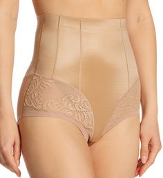 Remarkably soft shaping panty has a luxe gleam, gorgeously detailed lace, and design that extends above the natural waist for a complete hourglass makeover. Made of nylon and spandex. Edge of waist is folded and bonded to interior to increase hold so that waist won't roll over or slip. Shaping fabric has a silky texture with impressive control to polish and define your waist, lower back, and rear. Front slimming mesh offers targeted shaping to flatten tummy. Lace front insets for slightly sheer Elegant Lace Bottoms With Lace Trim, Elegant Stretch Beige Bottoms, Elegant Fitted Bottoms With Lace Trim, Elegant Beige Stretch Bottoms, Beige Lace Brief Bottoms, Elegant Stretch Lace Bottoms, Elegant Stretch Bottoms With Delicate Lace, Elegant Bottoms With Delicate Lace And Stretch, Fitted Beige Lace Bottoms