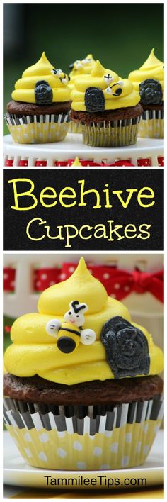 beehive cupcakes with yellow frosting and blackberries on top are shown