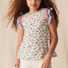 Matilda Jane Enchanted Garden Carlie Multi-Print Knit Top 4 Nwt Patterned Cotton Tops With Ruffles, Playful White Floral Print Top, Cute Cotton Tops With Pattern, Multicolor Cotton Ruffle Tops, Cute Cotton Patterned Tops, Cute Patterned Cotton Tops, Playful Spring Tops For Playtime, Playful Printed Cotton Tops, Playful Cotton Printed Tops