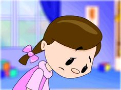 a cartoon girl in a pink dress looking at something