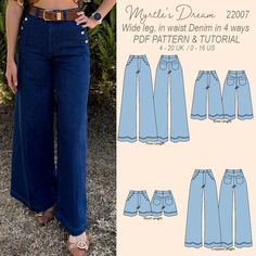 the wide leg jeans pattern is shown in three different sizes and has buttons on each side