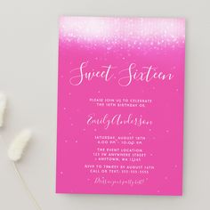 a pink and white ombreed sweet sixteen birthday party card with the words sweet sixteen on it