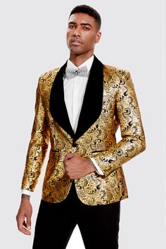 Festive Fitted Gold Suits, Slim Fit Blazer With Suit Collar For Party, Gold Tailored Suit For Festive Occasions, Festive Gold Tailored Suit, Slim Fit Tuxedo Blazer For Party, Elegant Gold Blazer For Festive Season, Elegant Gold Blazer For Festive Occasions, Fitted Gold Suit For Holiday, Tailored Notch Lapel Suit For Party