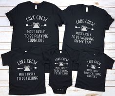 This Customized, LAKE CREW, family matching t-shirt, tee, shirt, is the perfect lake vacation shirt!  It says, "Lake Crew, Most likely to... insert your phrase"  it can be funny, sassy or serious, Get one for the whole family! Please fill out the personalization section in this listing with how you would like to personalize your shirt!  please put size and then the phrase next to the size.  I will send you a mock up of each shirt, for your approval before sending to production. This black t-shirt, tee, comes in adult, youth, Toddler and infant sizes!    Perfect family matching!  Other colors are available - Message me!  Adult:- Bella and Canvas t-shirt....XS- 3XL Kids/Youth:- Bella and Canvas  ...Youth sizing XS- XL Toddler: Gildan 64500p .... 2T-6T Infant, baby one piece 3-6 thru 12-24 mo Custom Print Short Sleeve T-shirt For Family Outings, Casual Black T-shirt For Family Vacation, Cotton Graphic T-shirt For Family Outings, Custom Family Matching T-shirts For Family Gatherings, Customizable Family Matching T-shirts For Family Gatherings, Family Matching Graphic T-shirt For Family Outings, Graphic Print Crew Neck T-shirt For Family Outings, Black Graphic Print T-shirt For Family Gatherings, Black Cotton T-shirt For Family Outings