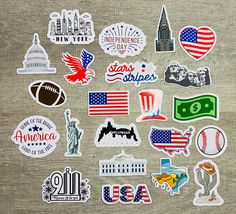 many different stickers and decals on a piece of paper with the american flag