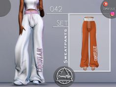 an image of a woman in white and orange pants with the words sweatpants on it