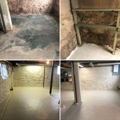 three pictures of the inside of a basement